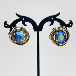 Blue Rhinestone Clip On Earrings Gold Tone Round Vintage Gift Aurora Borealis